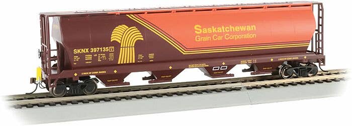 Bachmann HO 73802 - Cylindrical 4-Bay Grain Hopper Car w/Flashing End-Of-Train Device "Saskatchewan" #397135 (Orange, Brown, Yellow)
