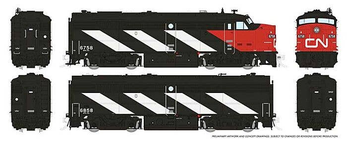 Rapido Trains HO 606-21607 - FPA/B-2u Diesel Engine Set "Candian National" #6758, 6858 (black, white, red, Noodle Logo, Stripes) Sound & DCC