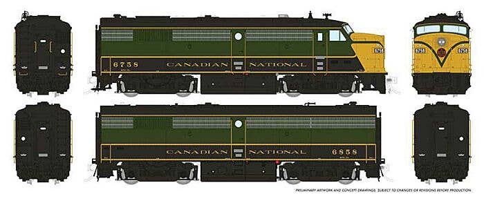 Rapido Trains HO 606-21105 - FPA/B-2u Diesel Engine Set "Canadian National" #6758, 6858 (1954; green, black, yellow) DC