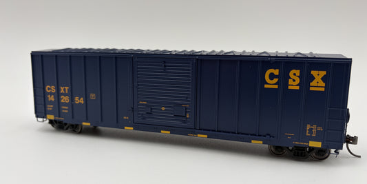 Model of a blue CSX train car on a white background