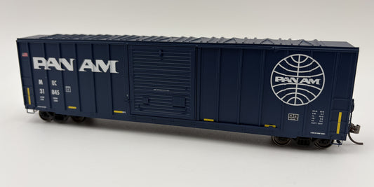 Model of a Pan Am train car with the Pan Am logo on a white background
