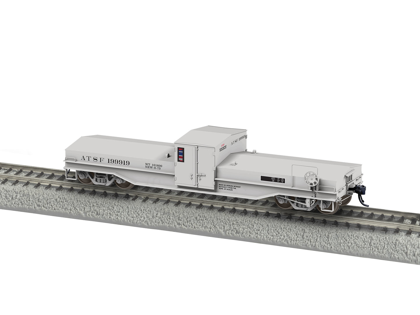 Model train car on a track with a white background