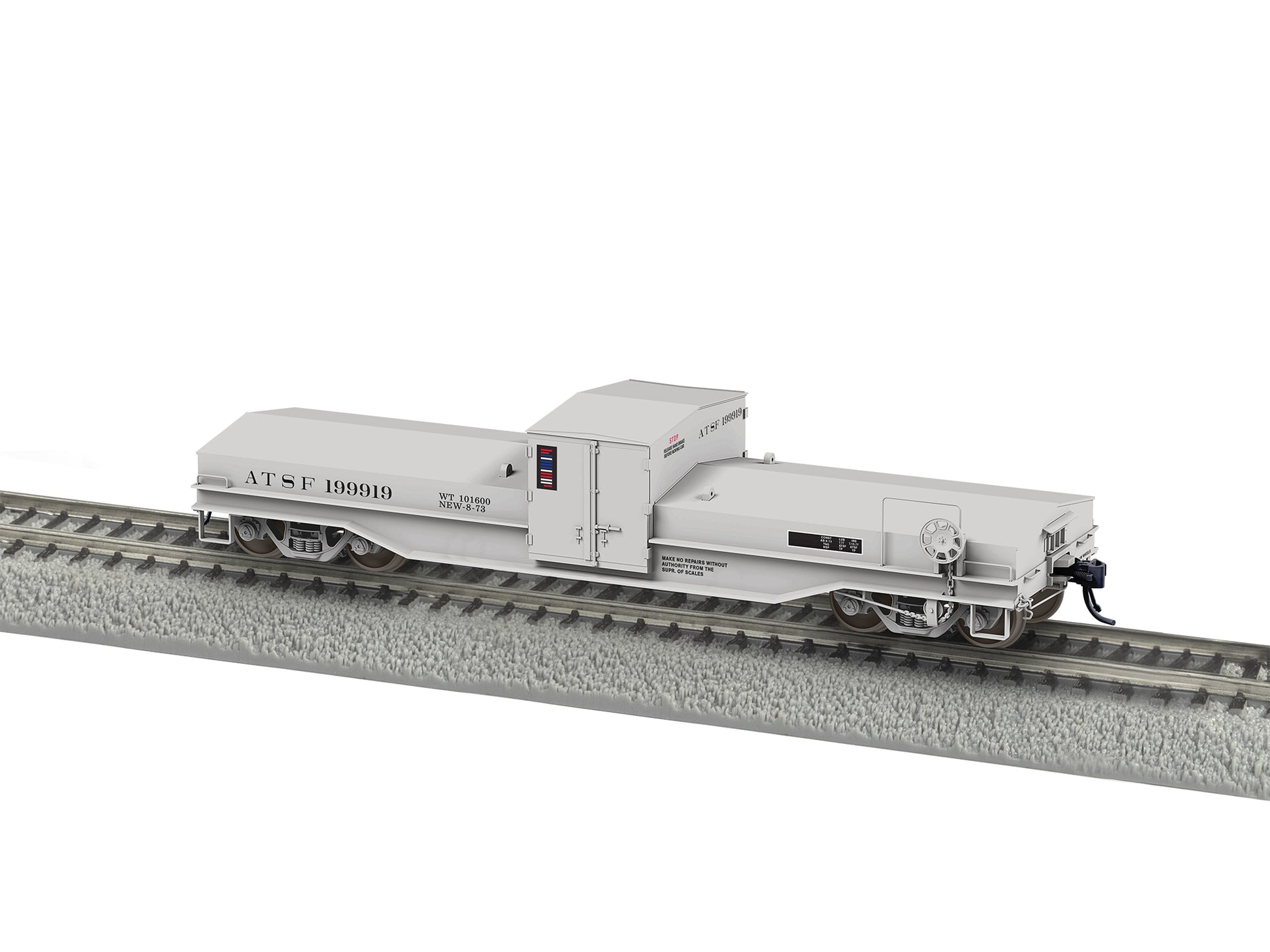 Model train car on a track with a white background