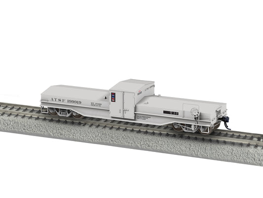 Model train car on a track with a white background
