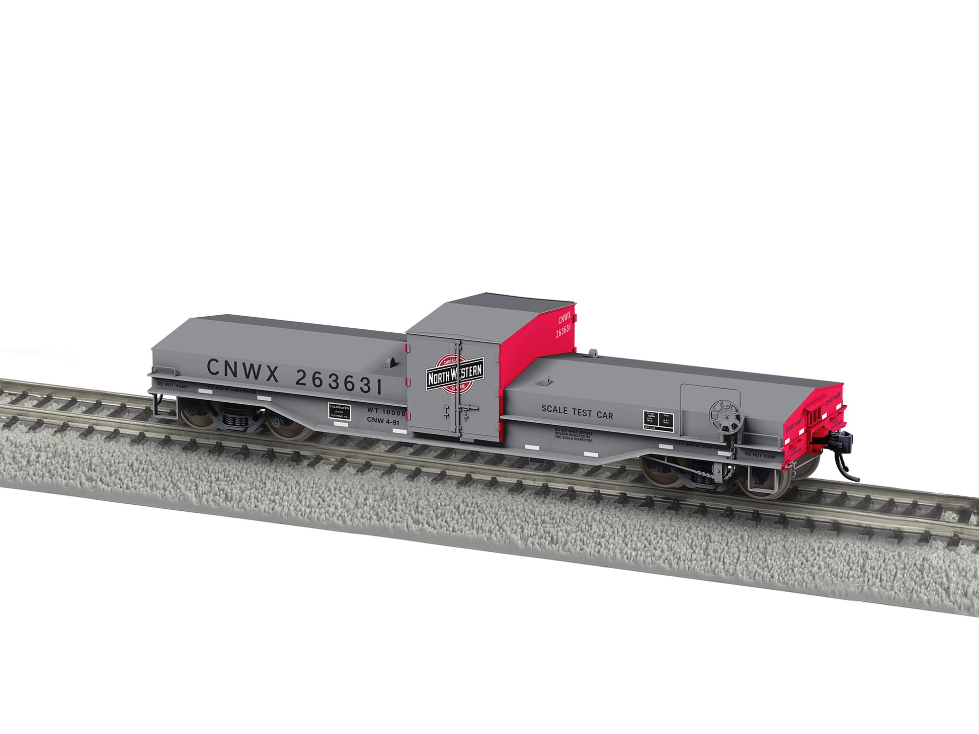 Model train car on a track with 'GNWX' branding on a white background