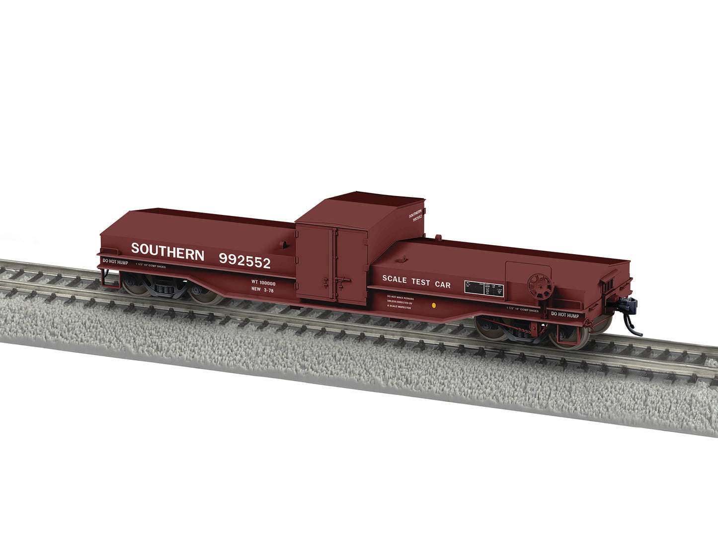 Model train car on a track with 'Southern' branding