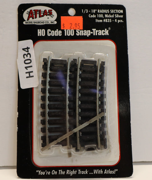 Atlas HO 835 - Code 100 Snap-Track 1\3 - 18" Radius Section -Open Box-H1034
