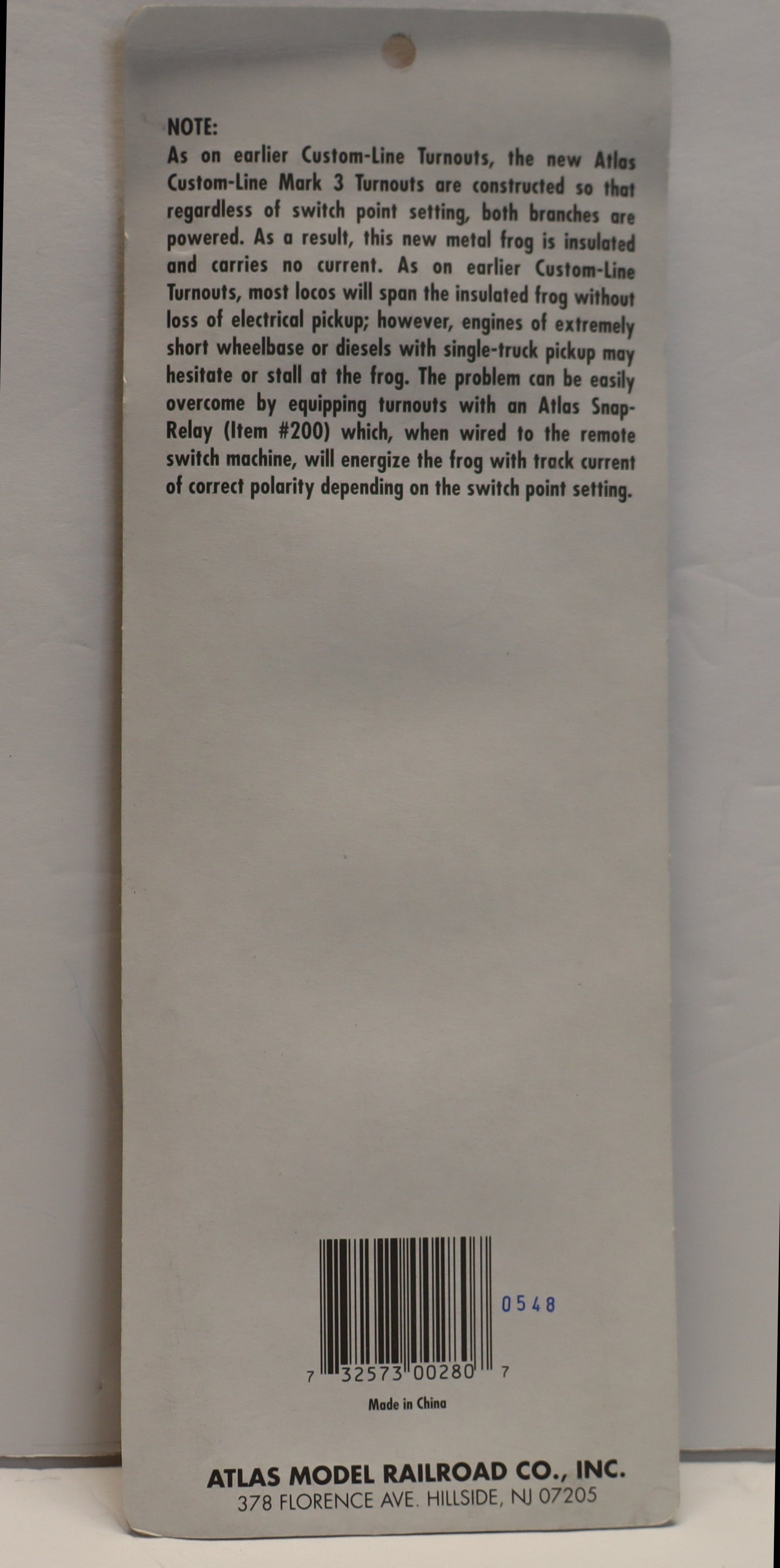 Atlas HO 280 - HO Custom-Line "Mark-3" Turnout (WYE Turnout) -Open Box-H1036
