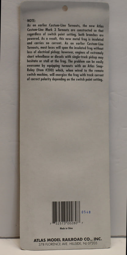 Atlas HO 280 - HO Custom-Line "Mark-3" Turnout (WYE Turnout) -Open Box-H1036