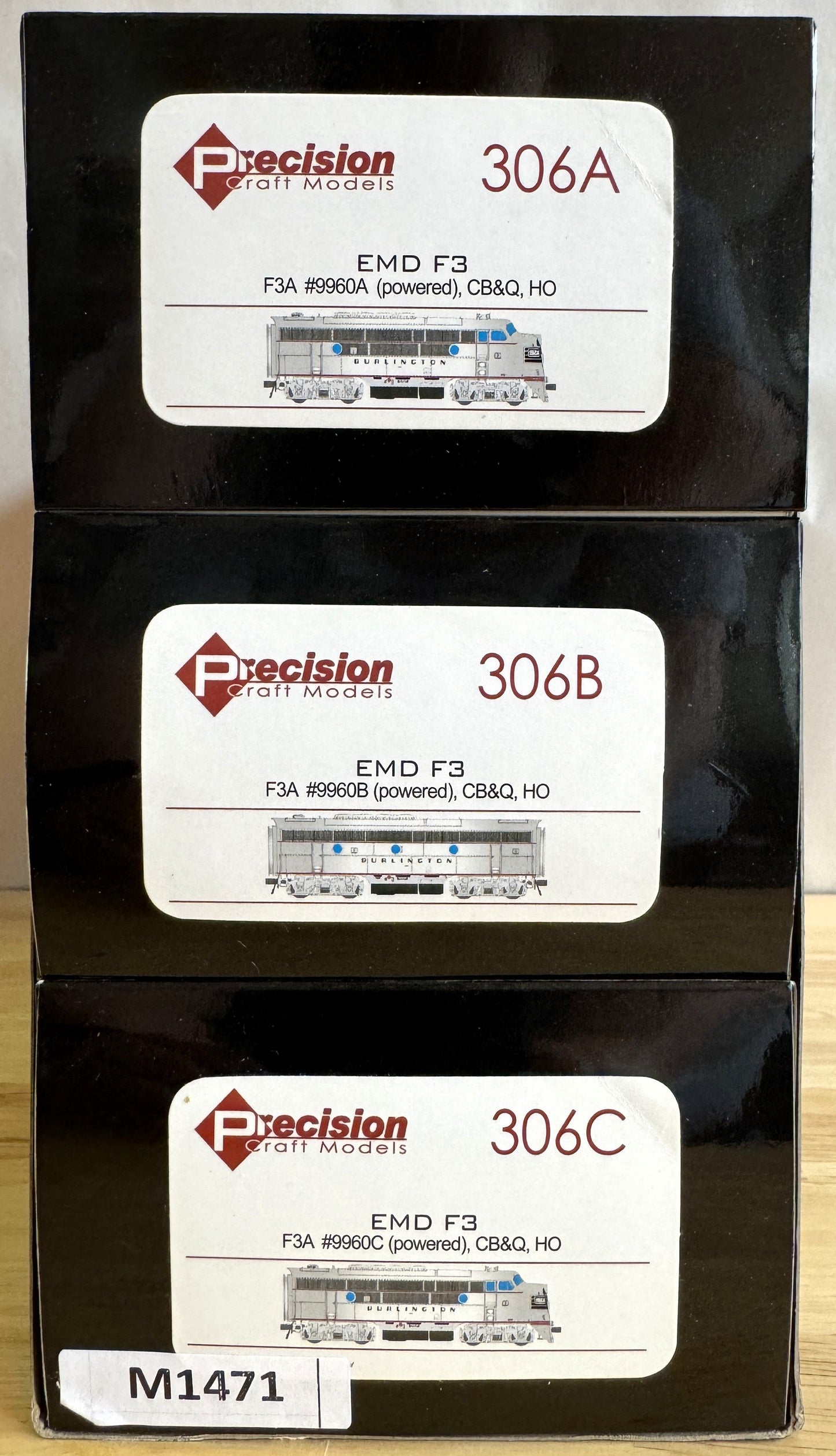 Precision Craft Models 306PCM EMD F3 A/B/A 3-Car Set "Chicago, Burlington & Quincy" #9906A/B/C-Open Box-M1471