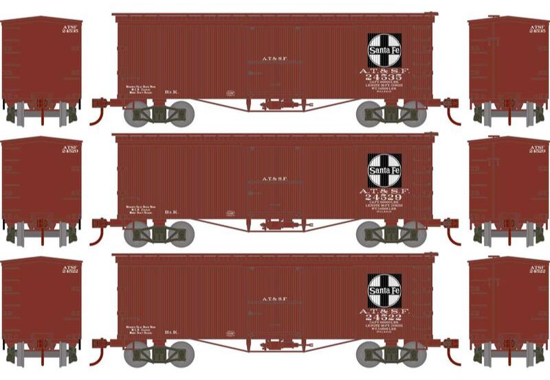 Athearn HO 2345 - Roundhouse - 36' Old Time Box Car "Atchison, Topeka, & Santa Fe" #24522/24529/24535 (3 Car Set)