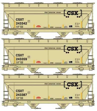 Accurail HO 8179 - Kit - ACF 2-Bay Covered Hopper (3-Pack) "CSX" #243342, 243359, 243387 (tan, black, Boxcar Logo, How Tomorrow Moves)