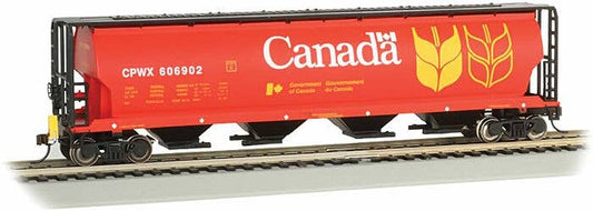 Bachmann HO 73801 - Cylindrical 4-Bay Grain Hopper Car w/Flashing End-Of-Train Device "Canadian National" #606835 (Red, Yellow, Black)