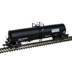 Model train car on a track with a white background
