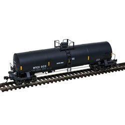 Model train tank car on a track with a white background