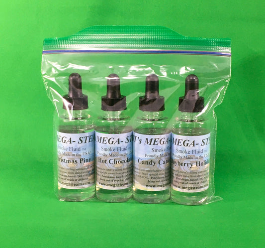 JT's Mega-Steam Smoke Fluid - Jeb's Holiday Scents - 2 Oz Bottles w/ Dropper (4-Pack)